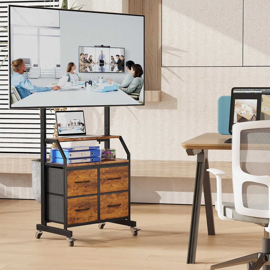 GYIIYUO Rolling TV Stand with Mount & 4 Fabric Drawers for 32-75 inch TVs | Holds up to 145 lbs with lockable rolling wheels, built-in 2 AC outlets and USB charging, great for apartments and bedrooms