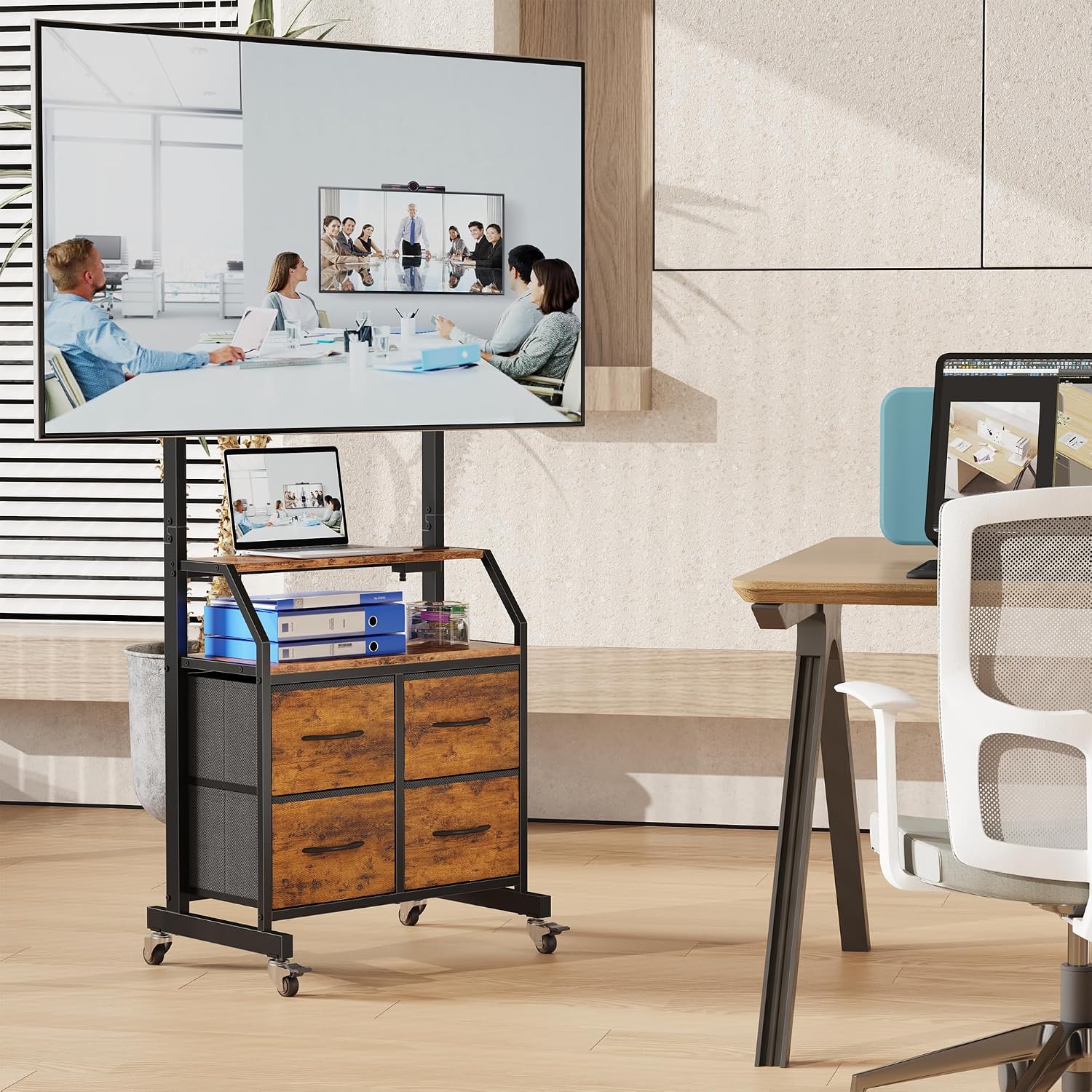 GYIIYUO Rolling TV Stand with Mount & 4 Fabric Drawers for 32-75 inch TVs | Holds up to 145 lbs with lockable rolling wheels, built-in 2 AC outlets and USB charging, great for apartments and bedrooms