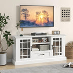 Tangkula Farmhouse TV Stand for TV up to 65 70 Inches, Tall Media Console Table with 2 Glass Storage Cabinets, 1 Drawer & 2 Open Shelves, Wooden Entertainment Center for Living Room (White)