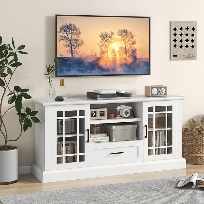 Tangkula Farmhouse TV Stand for TV up to 65 70 Inches, Tall Media Console Table with 2 Glass Storage Cabinets, 1 Drawer & 2 Open Shelves, Wooden Entertainment Center for Living Room (White)