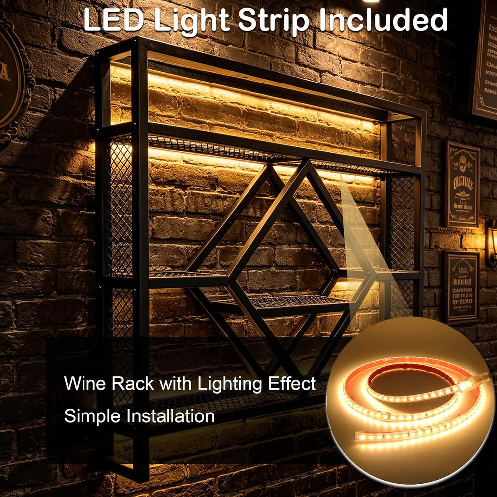 Wall Mounted Wine Rack with LED Light, 39.4in Industrial Metal Wine Bottle Di...