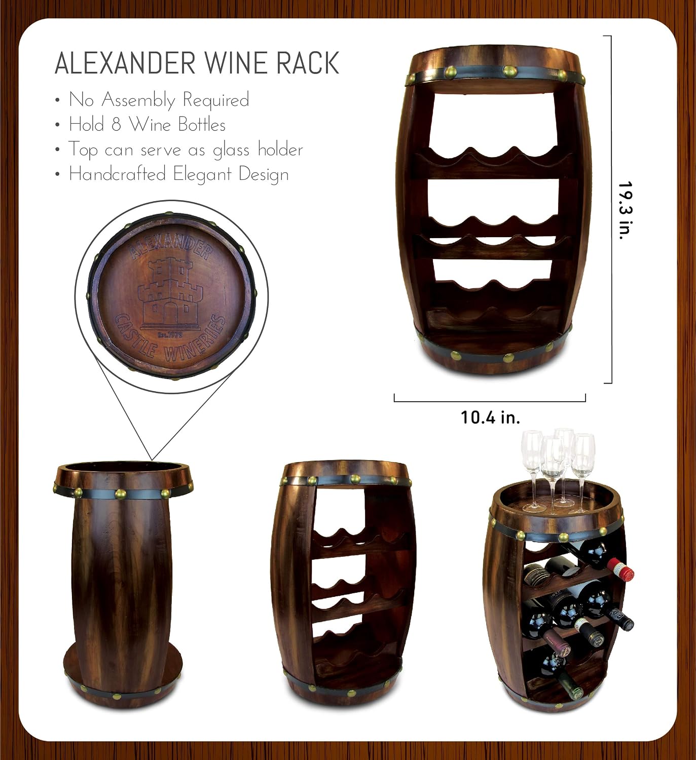 CoTa Global Alexander Wooden Barrel Wine Rack - 8 Bottles Wine Storage Rack, Free Standing Wooden Wine Rack, Liquor Bar Wine Wine Bottle Rack, Rustic Wine Bottle Holder, Wall Mounted Wine Rack