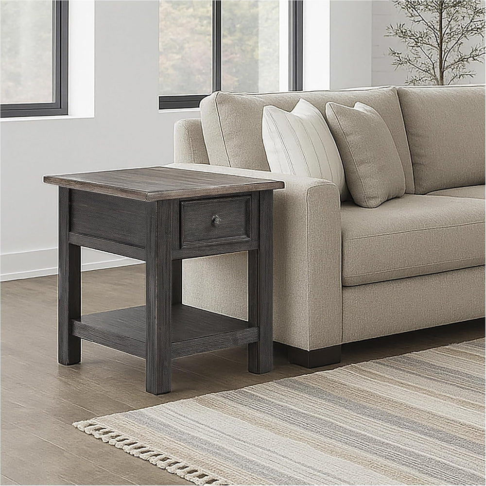 BOWERY HILL Contemporary Wood End Table, Grayish Brown and Black Finish, 1 Dr...