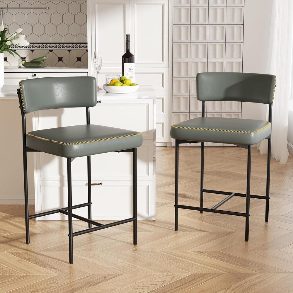 Bar Stools Set of 2, Faux Leather Counter Height Barstools with Curved Back, ...