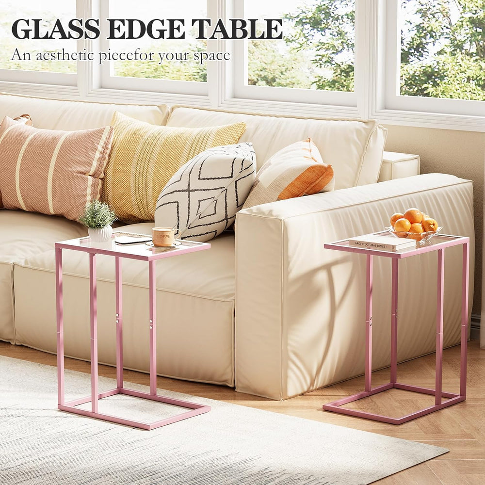 C Shaped End Table Set of 2, Small Side Couch Sofa Tables for Living Room,Gla...