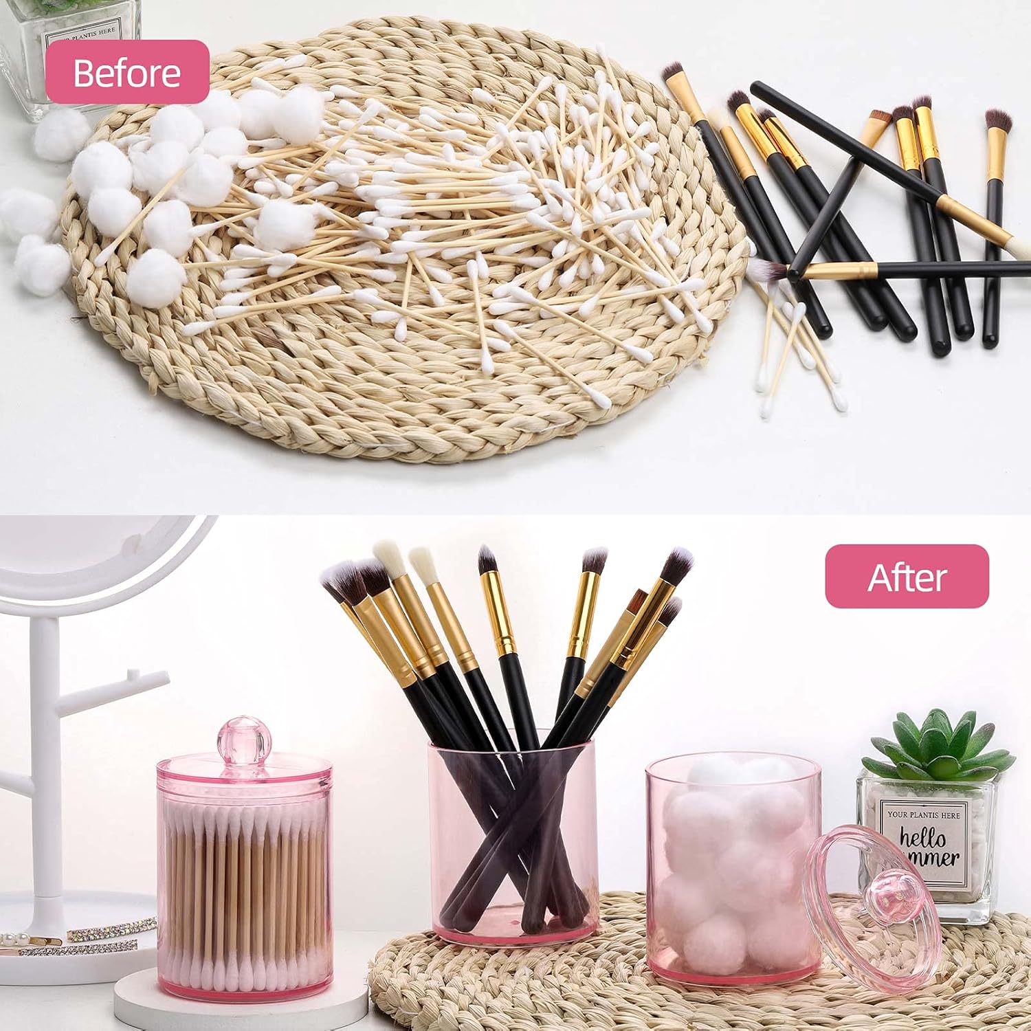 Tbestmax 4 pcs Qtips Holder Bathroom Container, 10 OZ Apothecary Jar, Pink Cotton Ball/Swabs Dispenser Organizer for Storage