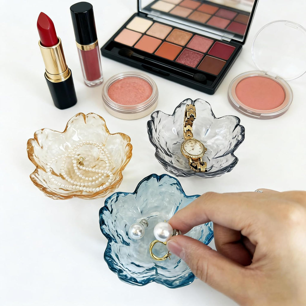 HIUSITY Flower Jewelry Dish, Ring Dish Tray,Decorative Cute Blue Glass Trinket Dish,Gift Ideas for Women,Small Gifts for Girlfriend Wife, Ring Holder, Earrings Dishs,Key Plate,Birthday Gift for Her