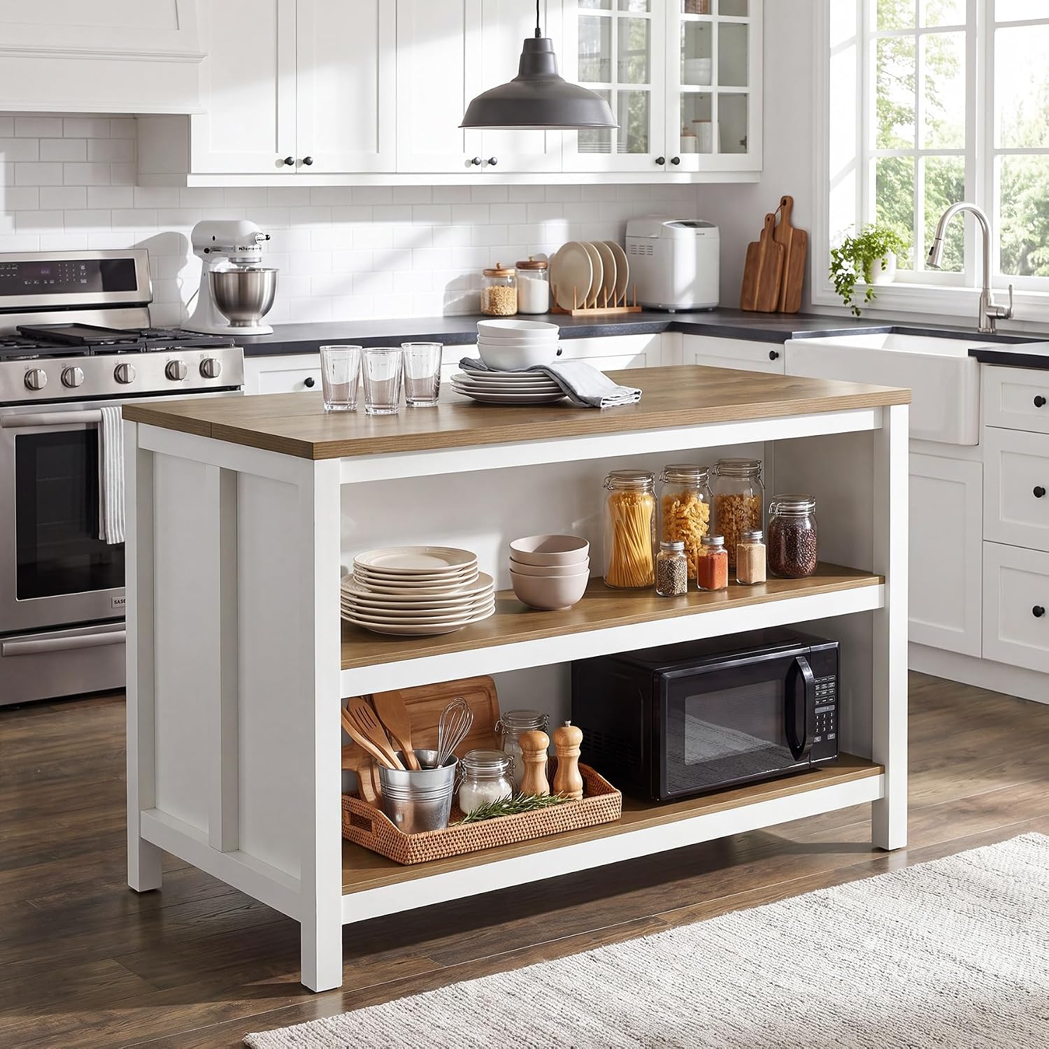 Tribesigns 47 Inch Kitchen Island with Storage and Seating, 2-Tier | Farmhouse Wooden Stationary Island Table, Large Worktop, Rustic Counter Height Dining Table