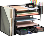 Mind Reader Mesh Desk Organizer, 4 Trays, 1 Drawer, File Holder, 2 Pen Cups, Office Desktop Organizer, Metal Mesh, Black