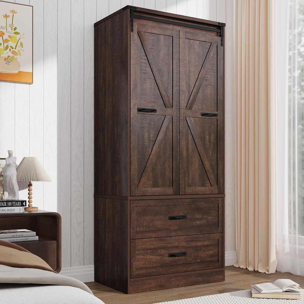 Farmhouse 2 Doors Armoire Wardrobe Closet w/ Folding Sliding Barn Door and Li...