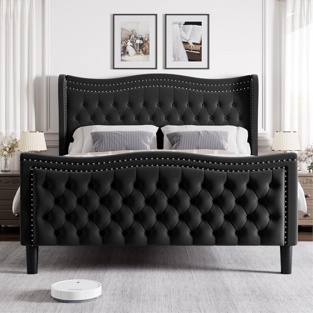 Queen Bed Frame with Tall Headboard & Footboard, Velvet Upholstered Platf...