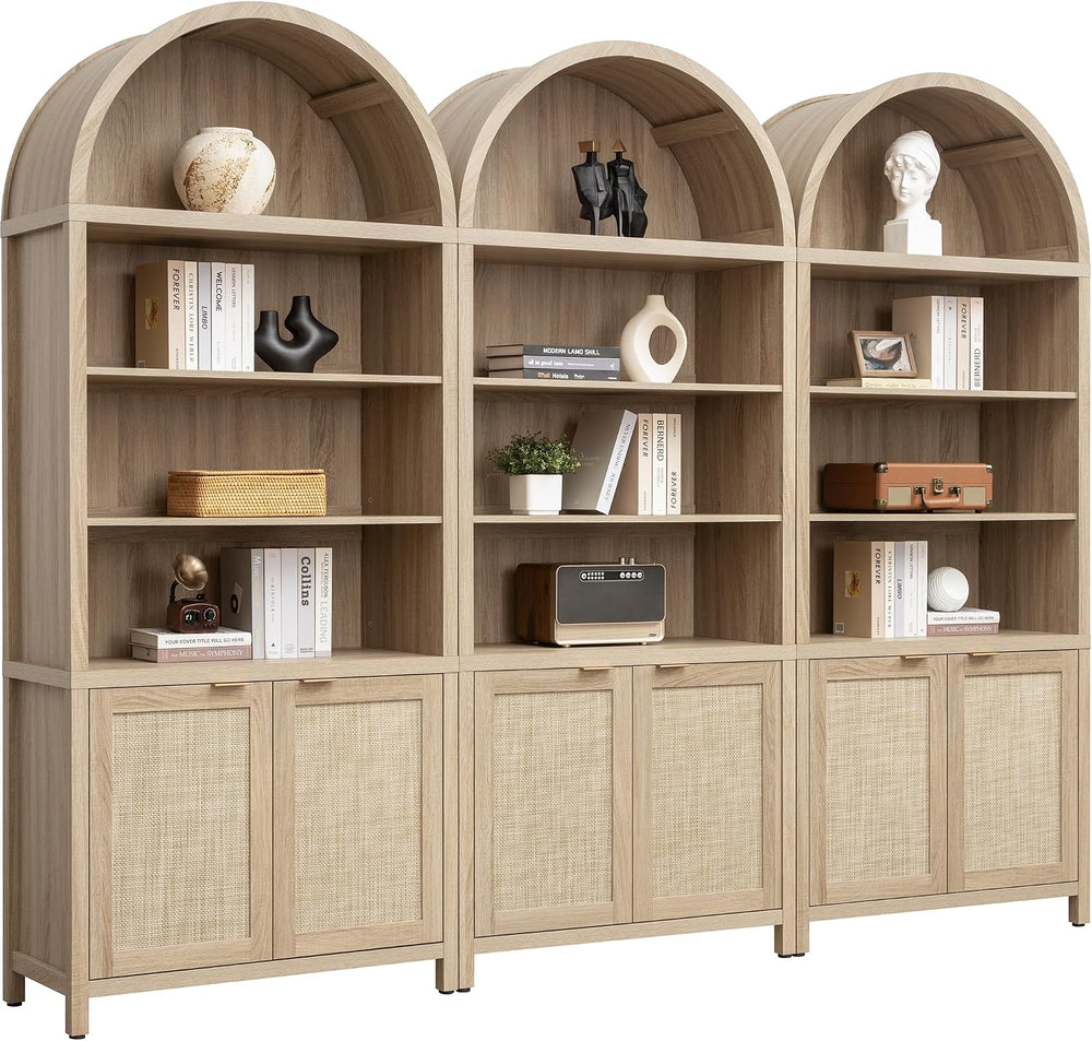 SICOTAS 84.2" Tall Arched Bookcase with Doors - 5 Tier Rattan Bookshelf