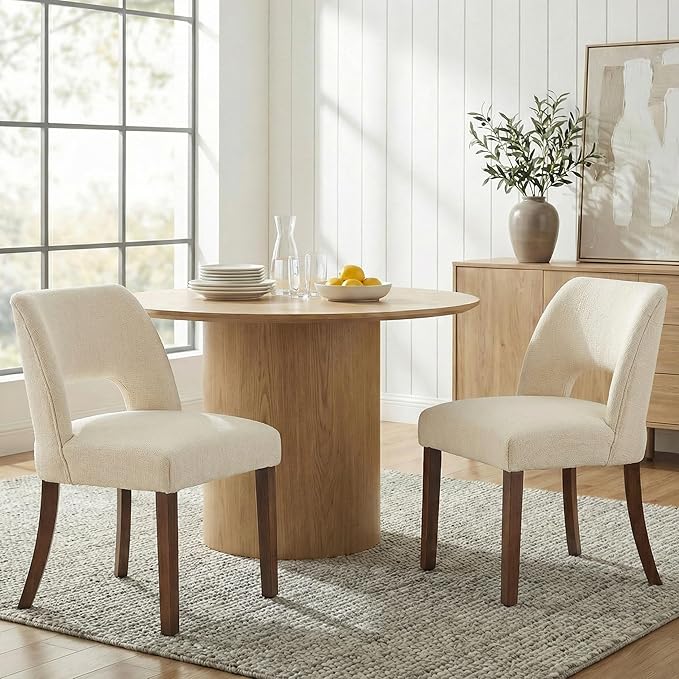 keoni Wooden Dining Chairs Set of 2, Mid Century Modern Upholstered Dining Room Chairs with Rubberwood Legs, Fabric Farmhouse Kitchen Chairs with Foot Pegs for Dining Room, Cream