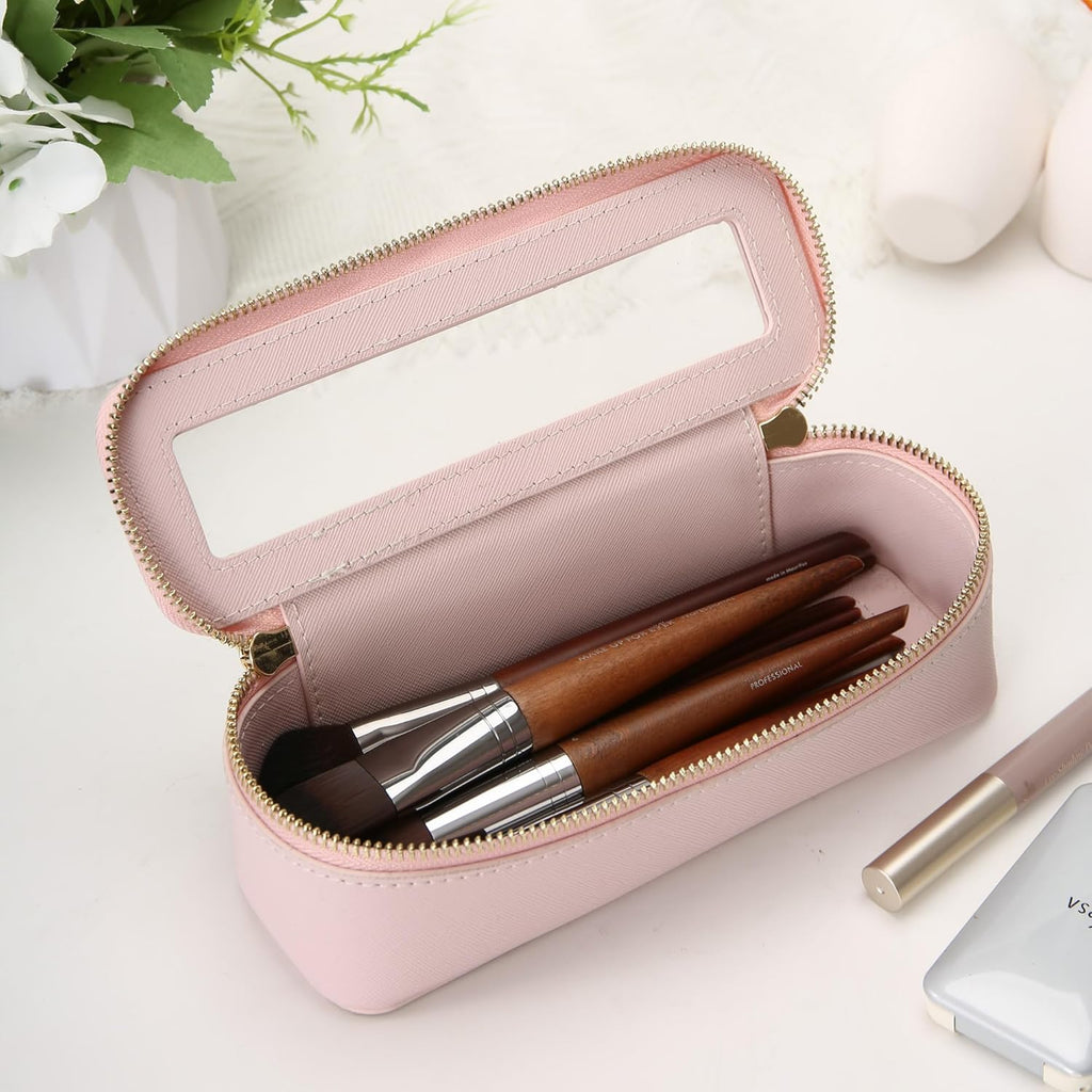Aveniee Clear Makeup Brush Bag, Slim Cosmetic Brush Holder, small Toiletry Bag Mini Travel Case for Women, Thin Make up Bags with Dual Zipper, Cute Travel Essentials Organizer,Pink