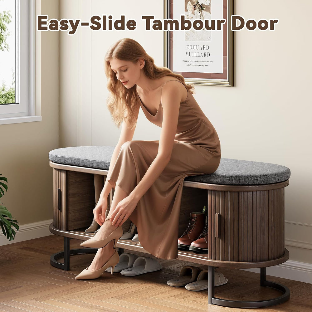 Decofy Shoe Storage Bench with Cushion and Sliding Doors, 47.2 Inch Shoe Benc...