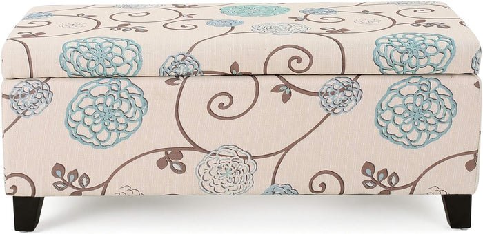 Christopher Knight Home Breanna Fabric Storage Ottoman, White And Blue Floral