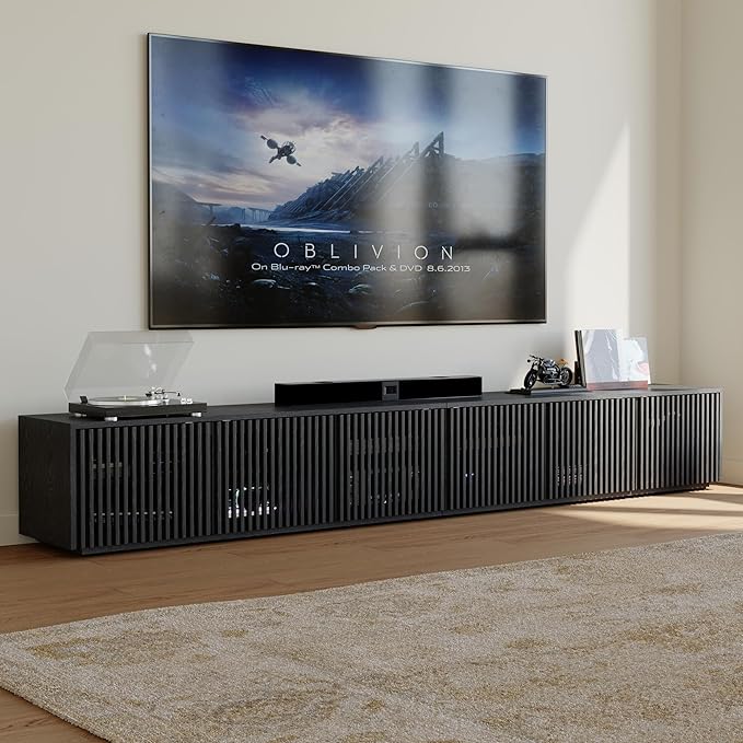 POVISON Full Assembled Mid Century Modern TV Stand, 118” Extra-Large Entertainment Center for 100 inch TV, Wood Slatted TV Media Console with Storage for Living Room Bedroom