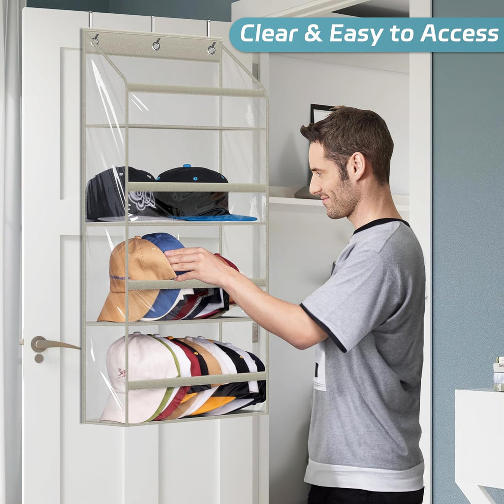 AOODA Clear Over the Door Hat Racks for Baseball Caps, Hold 48 Caps Hat Storage Organizer for Closet Wall, Deep Pockets Hanging Snapback Holder Shelves with 3 Hooks, Grey