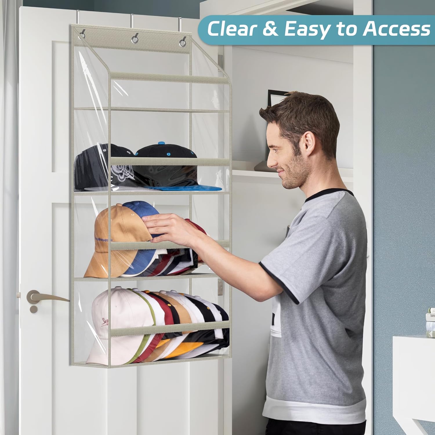 AOODA Clear Over the Door Hat Racks for Baseball Caps, Hold 48 Caps Hat Storage Organizer for Closet Wall, Deep Pockets Hanging Snapback Holder Shelves with 3 Hooks, Grey