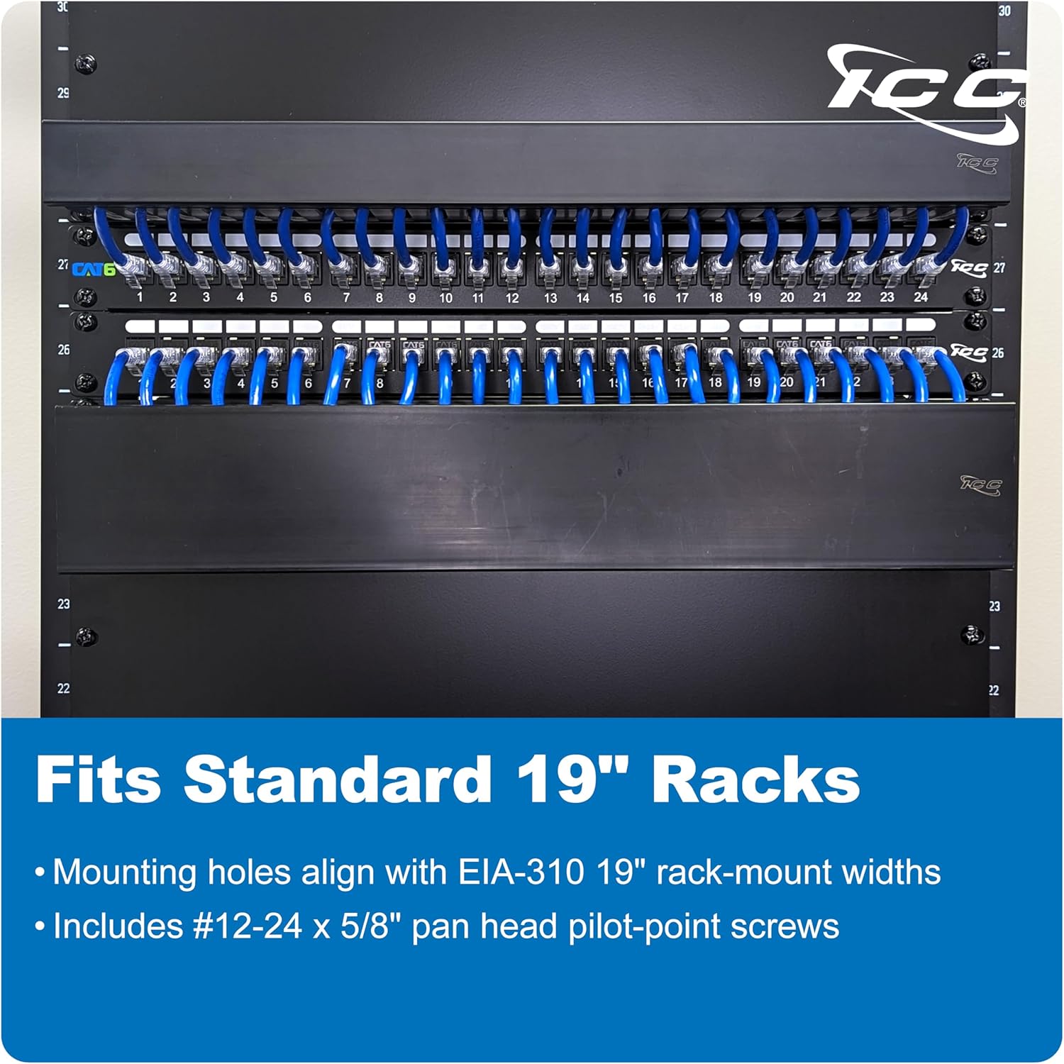 ICC 1U Finger Duct Cable Manager Panel with Cover, Plastic with Metal Back Frame, 5" Depth, Horizontal Cable Management, Rackmount for 19” Network Racks, Black, Single Pack