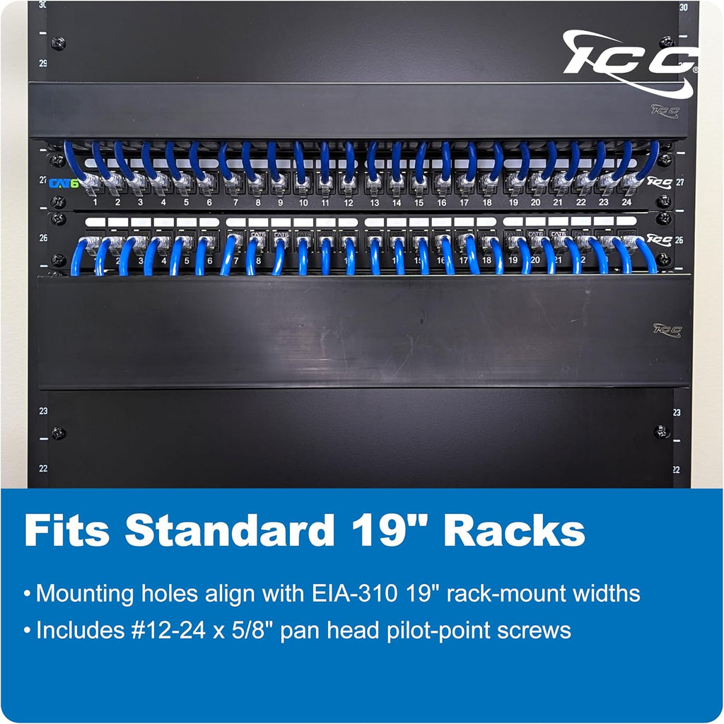 ICC 1U Finger Duct Cable Manager Panel with Cover, Plastic with Metal Back Frame, 3" Depth, Horizontal Cable Management, Rackmount for 19” Network Racks, Black, Single Pack