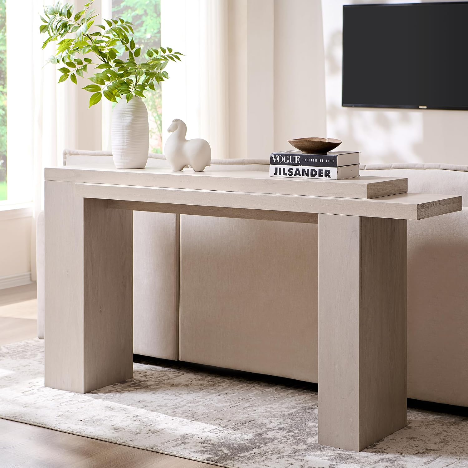 OKD 63" Modern Geometric Console Table with Layered Top, White Alder | Extended Layered Top, Sturdy Support Legs, Entryway, Hallway, Foyer, Living room, Behind Sofa