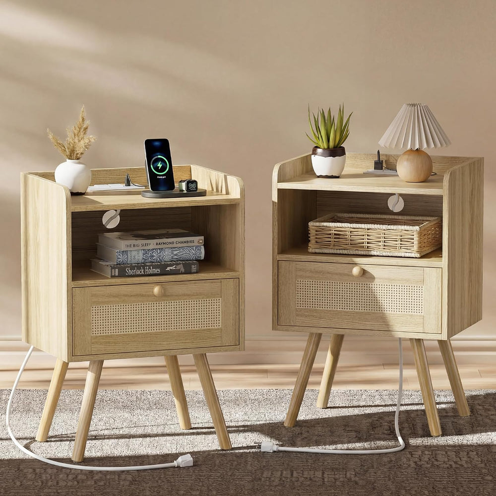 SUPERJARE Nightstands Set of 2, Night Stands with Charging Station & PE R...