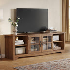 LINSY Home TV Stand for 75 Inch TV, Modern Farmhouse Entertainment Center with Storage Cabinets and Glass Doors, Tall Media Console Table for Living Room, Bedroom, Large Long Television Stand, Walnut