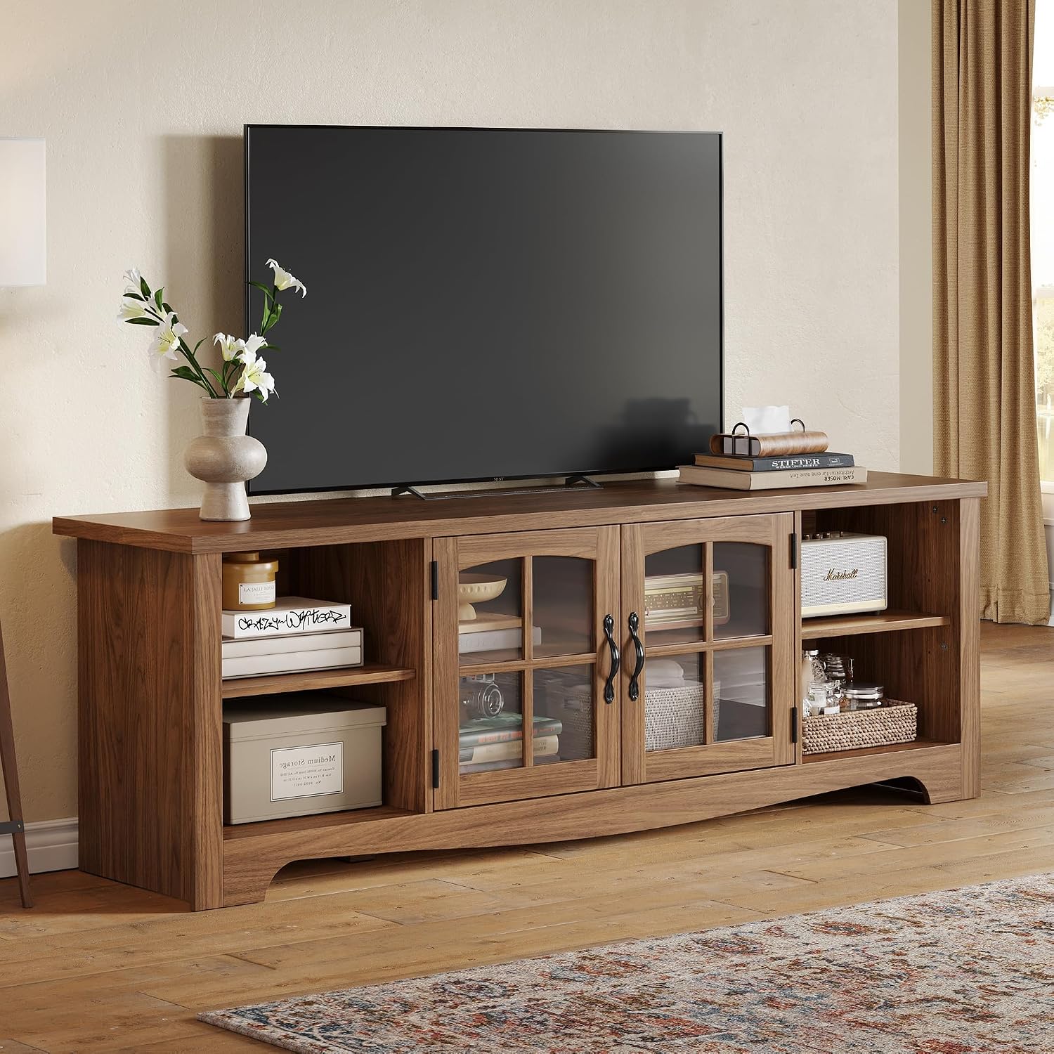 LINSY Home TV Stand for 75 Inch TV, Modern Farmhouse Entertainment Center with Storage Cabinets and Glass Doors, Tall Media Console Table for Living Room, Bedroom, Large Long Television Stand, Walnut