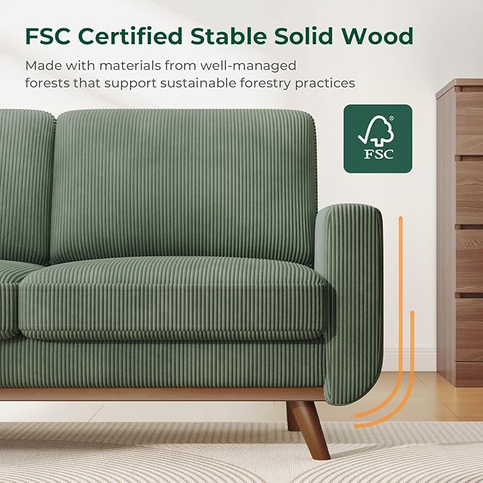 Vesgantti 68" Loveseat Sofa - Green, Comfy Corduroy with Spring Cushion, Solid Wood Frame, Modern Deep Seat, Bedroom & Living Room, Office Couch