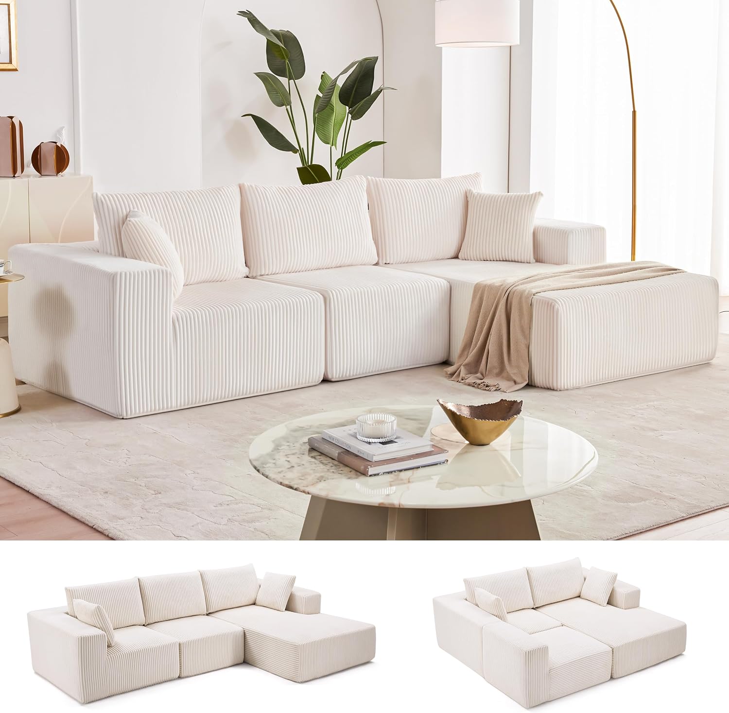 108" Boneless Couch with Chaise, Modular Sofa with Deep Seat, Beige | Deep Seat Modular Sectional Sofa for Living Room, Upholstered Corduroy Couch for Apartment, Convertible No Assembly Sofa