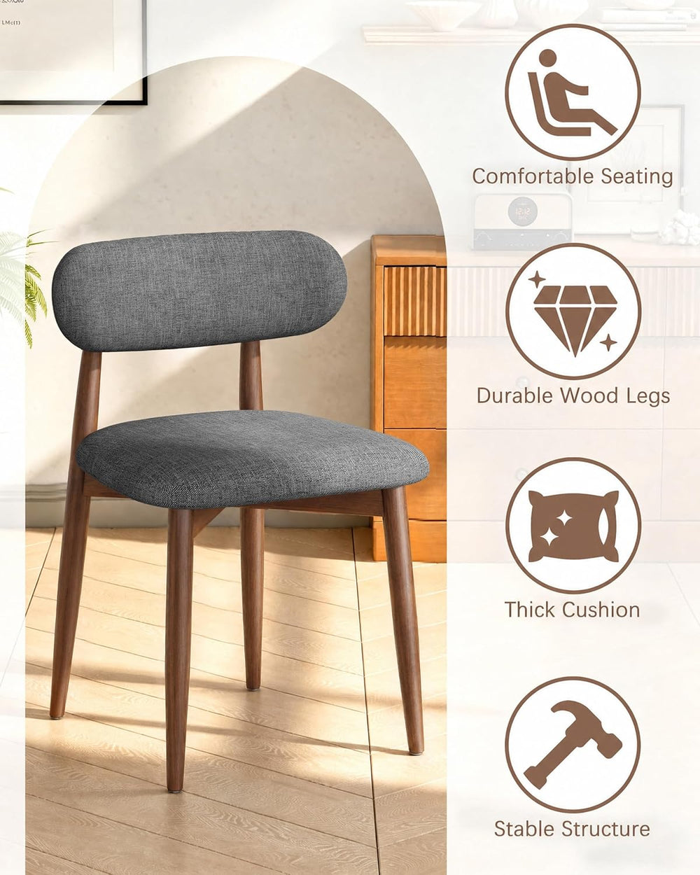 Solid Wood Dining Chairs Set of 2, Mid‑Century Modern Square Seat Cushion Cha...