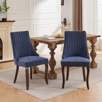 Linen Dining Chairs Set of 2,Comfy Fabric Upholstered Accent Chairs for Kitchen Living Room,Channel Tufted Dining Room Chairs with Curved Solid Wood Legs(Blue)