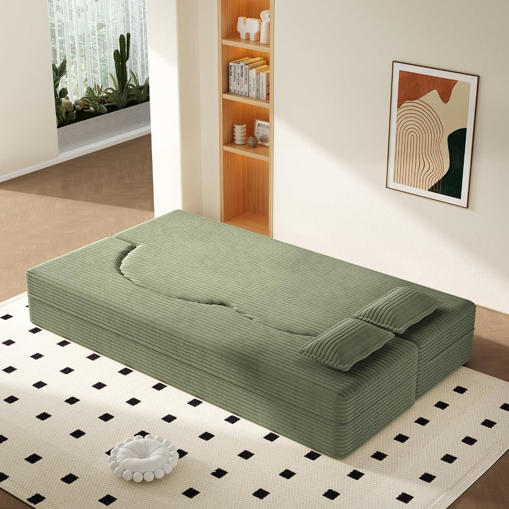 Convertible Folding Sofa Bed, 2-in-1 Full Size Floor Boneless Couch Bed, Corduroy Loveseat sleeper Couch Floor Sofa, Memory Foam Sleeper SofaBed, Small couches for small spaces, No Assembly, Green