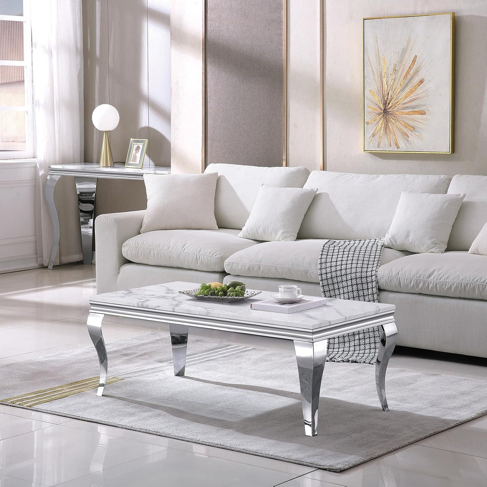 3 Piece Living Room Table Set, White Marble Coffee Table Set of 3, Modern Con...