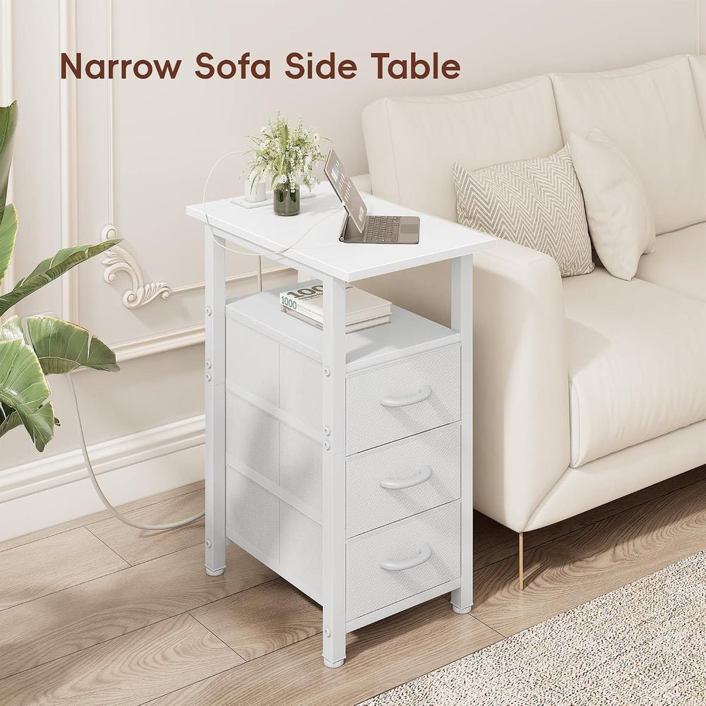 Vagusicc White End Table with Charging Station, Narrow Side Table, Narrow Nig...