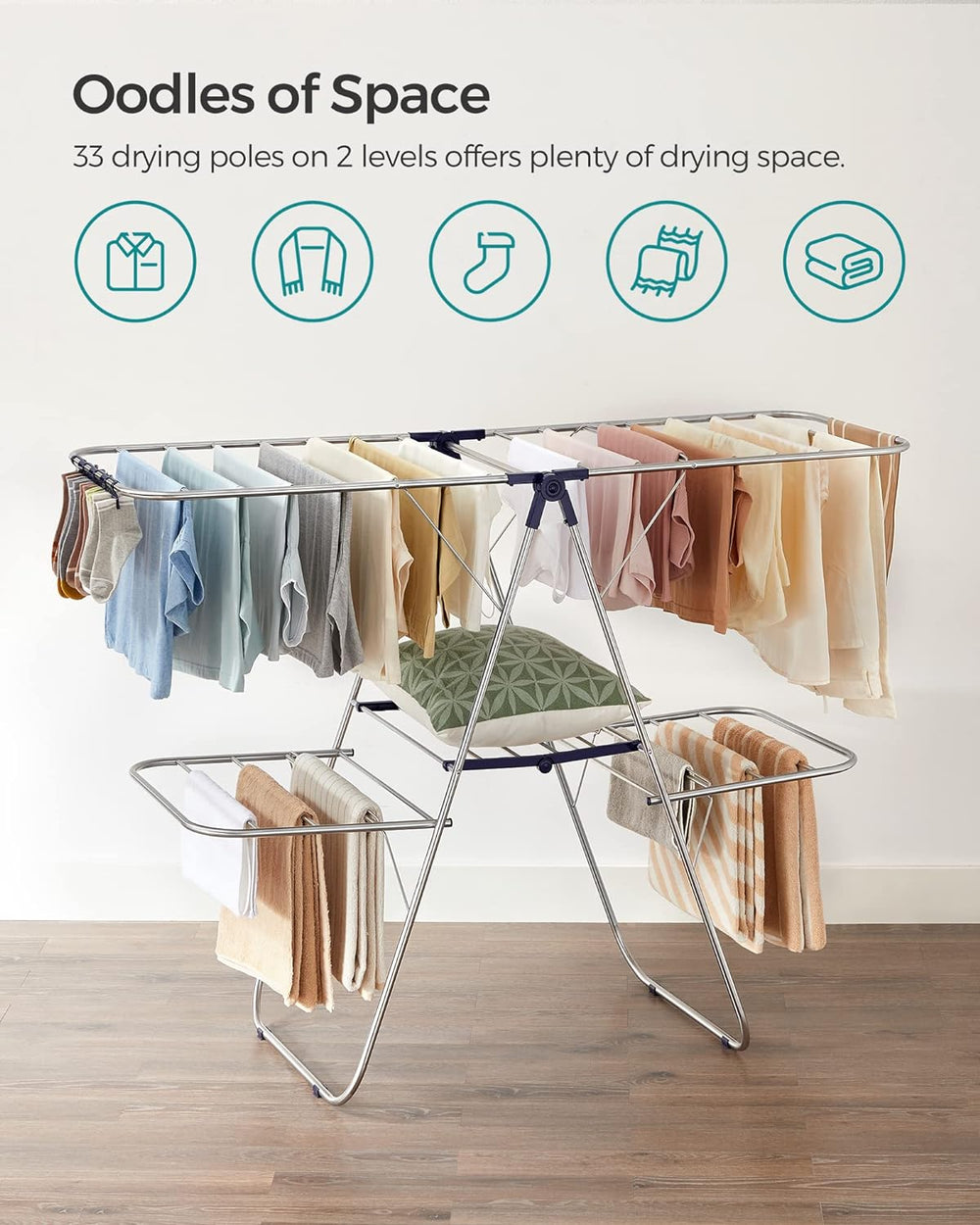 SONGMICS Clothes Drying Rack, Foldable 2-Level Laundry Drying Rack, Free-Stan...