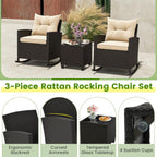 Tangkula 3 Piece Wicker Outdoor Rocking Chairs Set (Beige) | Tempered Glass Table & Thickened Soft Cushions | Easy Maintenance | Long-Lasting for Porch Garden Patio Backyard Poolside