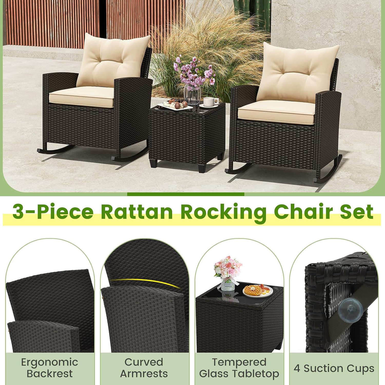Tangkula 3 Piece Wicker Outdoor Rocking Chairs Set (Beige) | Tempered Glass Table & Thickened Soft Cushions | Easy Maintenance | Long-Lasting for Porch Garden Patio Backyard Poolside