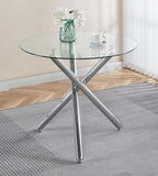 Round Glass Dining Table Set for 4, Modern 5-Piece Round Dining Table & Chair for 4, 36" Glass Kitchen Table with 4 Leather Dining Chairs for Small Living Room Kitchen, Shiny Silver Legs