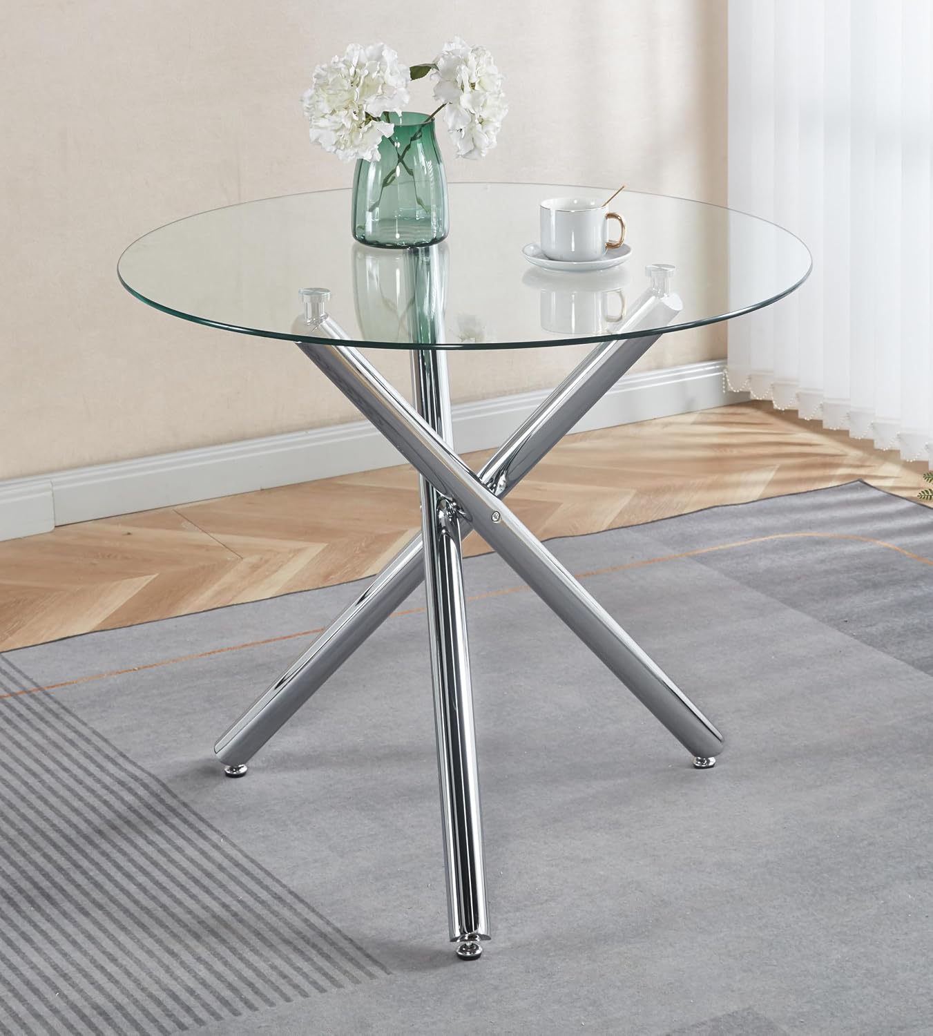 Round Glass Dining Table Set for 4, Modern 5-Piece Round Dining Table & Chair for 4, 36" Glass Kitchen Table with 4 Leather Dining Chairs for Small Living Room Kitchen, Shiny Silver Legs