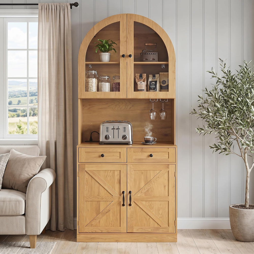 Farmhouse Pantry Cabinet w/Charging Station, Oak | Adjustable Shelves & O...