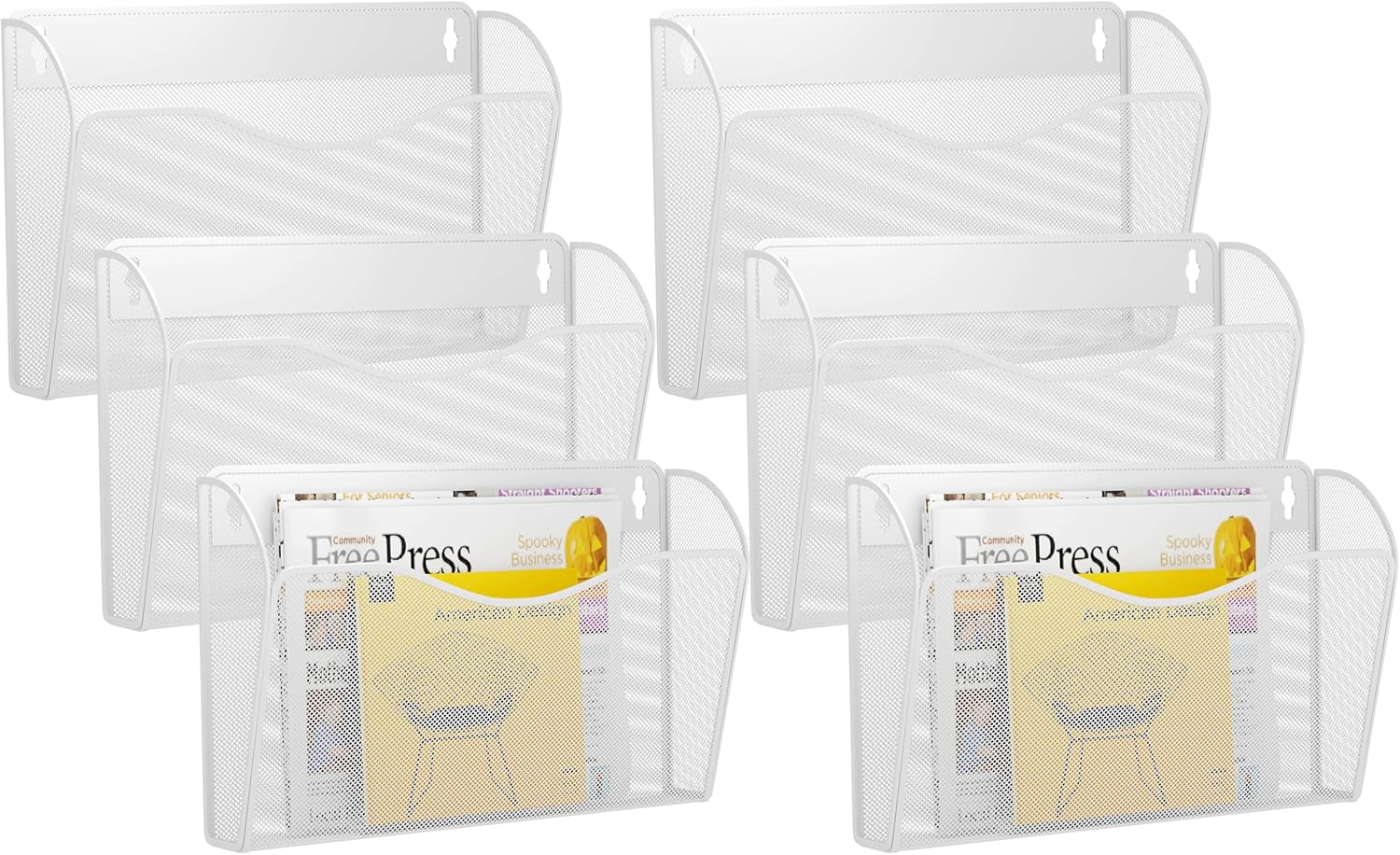 6 Single Pocket Wall File Holder, Mesh Hanging File Folder Paper Organizer, Vertical Wall Mounted Mail Basket, Storage Organization Magazine Rack for Office, Home and School, White