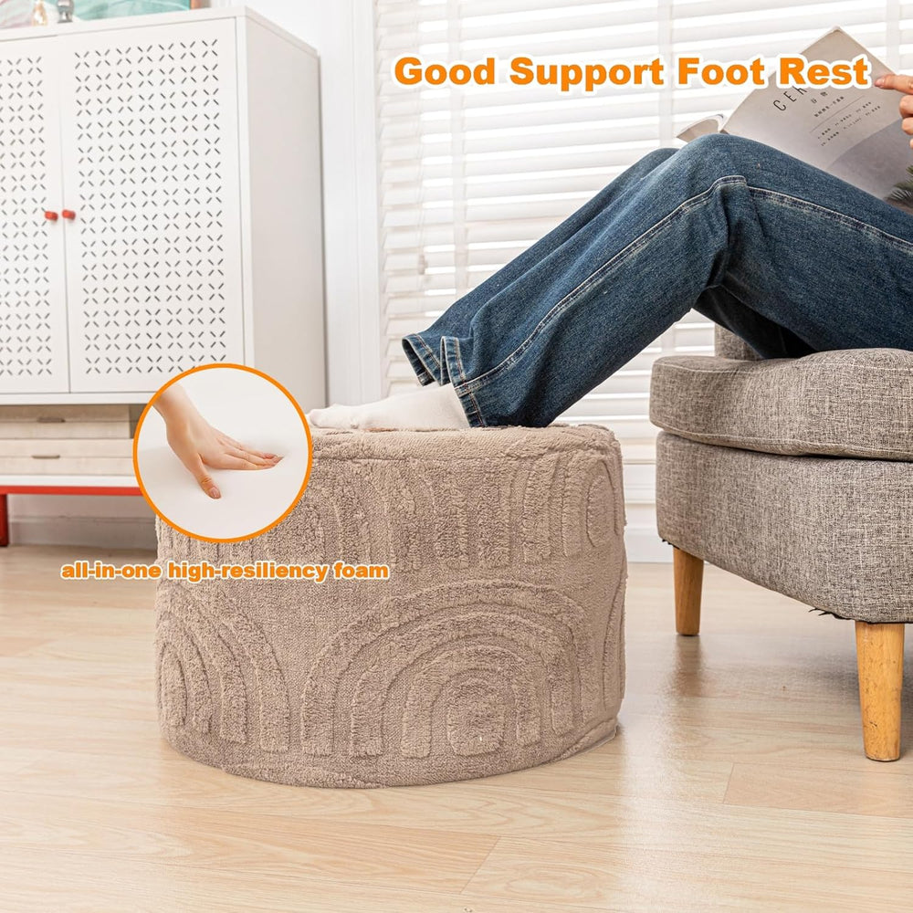 Round Ottoman Pouf Foot Stool, Khaki, 20x14 In,Hassock,Sofa Couch Foot Rest |...