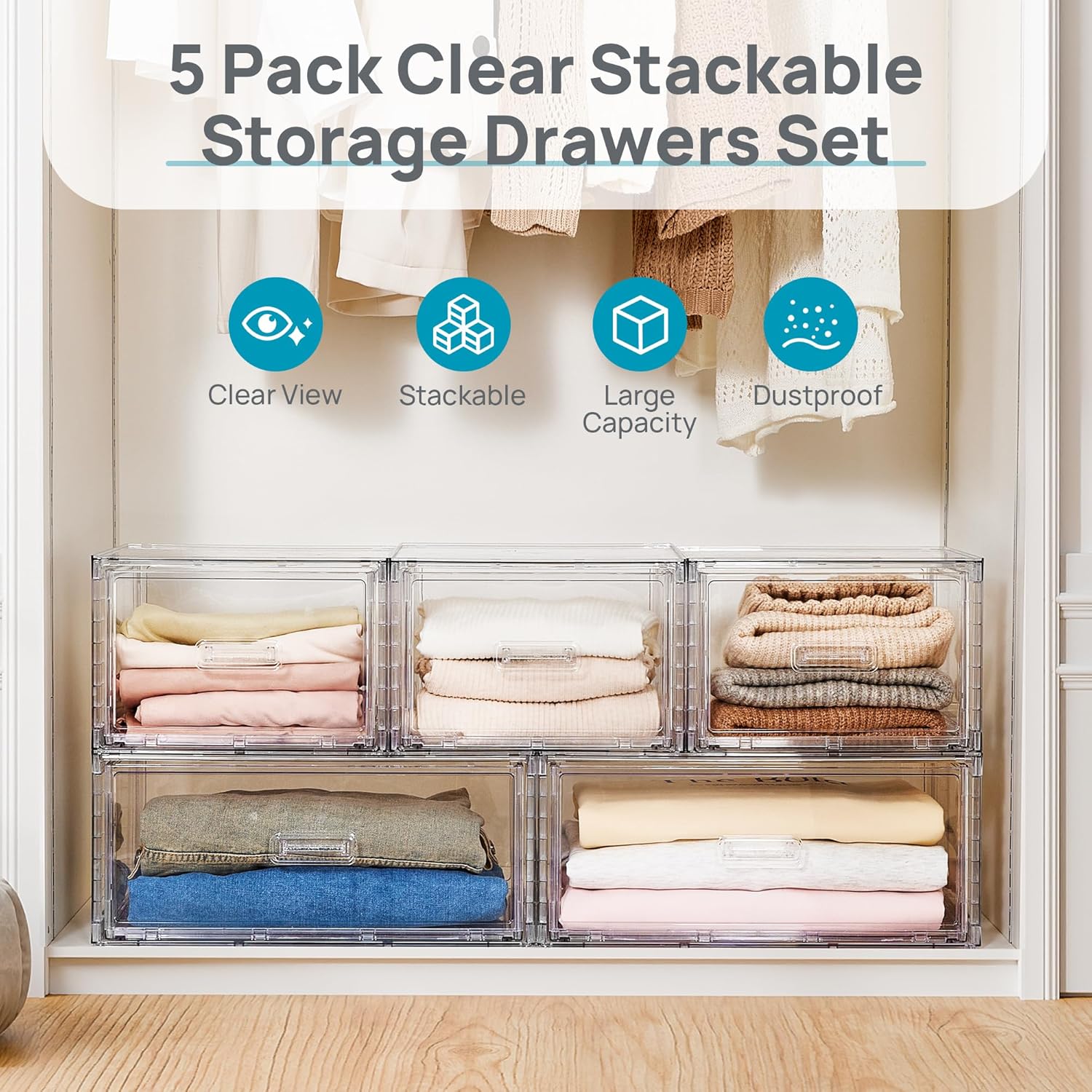 Vtopmart 5-Piece Large & Medium Stackable Drawer Organizer Set, 108QT Clear Storage Cabinet with Easy Assembly, Durable Drawers for Closet, Bedroom, Entryway, Playroom & Apartment Organization