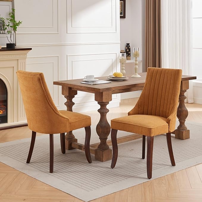 Linen Dining Chairs Set of 2,Comfy Fabric Upholstered Accent Chairs for Kitchen Living Room,Channel Tufted Dining Room Chairs with Curved Solid Wood Legs(Yellow)
