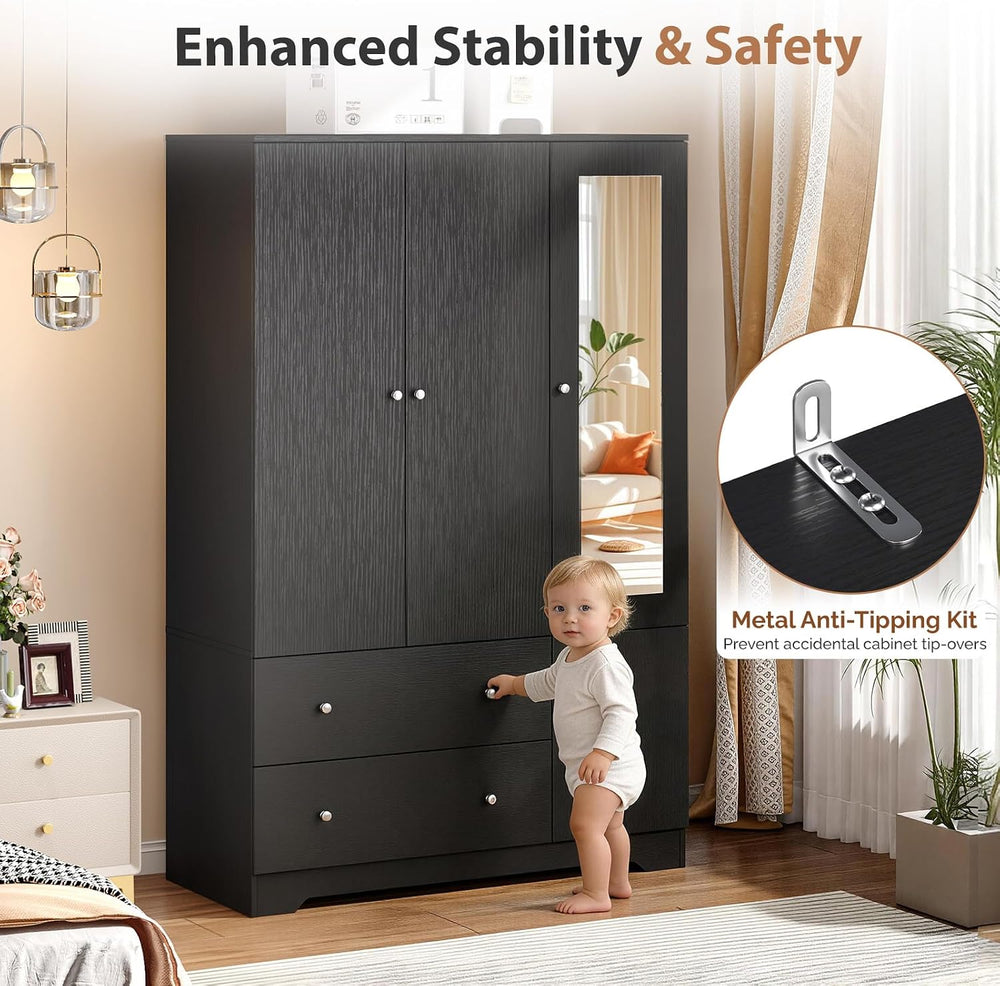 VINGLI Armoire Wardrobe Closet with Doors and Mirror,47" W Wardrobe Cabi...