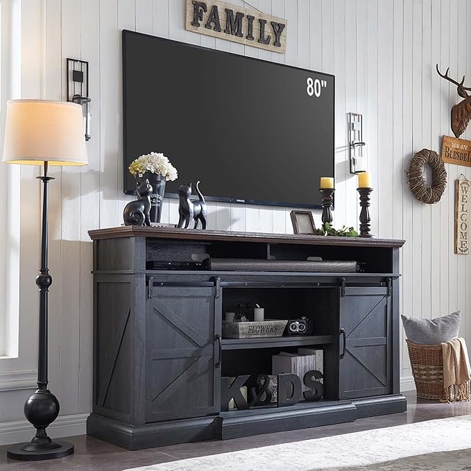 Farmhouse TV Stand for 80 Inch TVs, 37.4"Tall Entertainment Center w/Storage Cabinets and Sliding Barn Door, Media Console Cabinet w/Soundbar & Adjustable Shelves for Living Room, 70 inch (Dark Grey) | for 80 Inch TVs, 38" Tall, Storage Cabinets, Slidi...