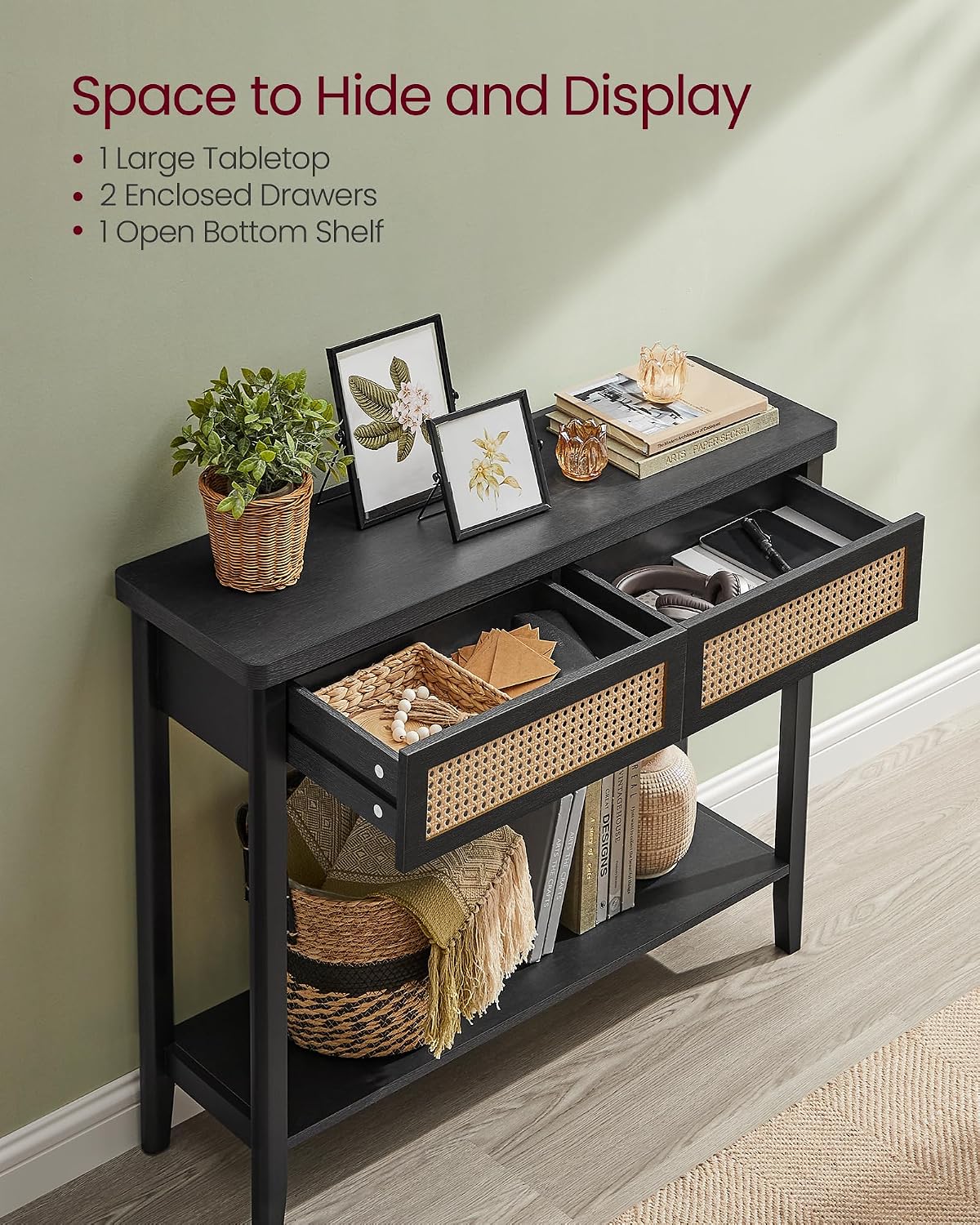VASAGLE Console Sofa Table, Narrow Entryway Table, 2 Drawers, Open Storage Shelf, Rounded Corners, for Living Room, Boho Style, Ash Black ULNT016BF01S