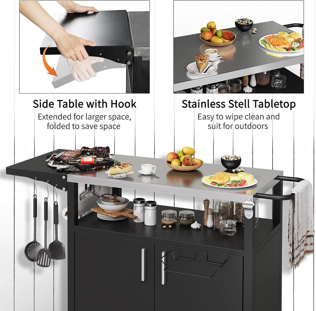Shintenchi Outdoor Grill Cart Table with Stainless Steel Top for Kitchen Prep & BBQ, Outdoor Kitchen Island Table with Side Handle, Multifunctional Outdoor Grill Table, Black
